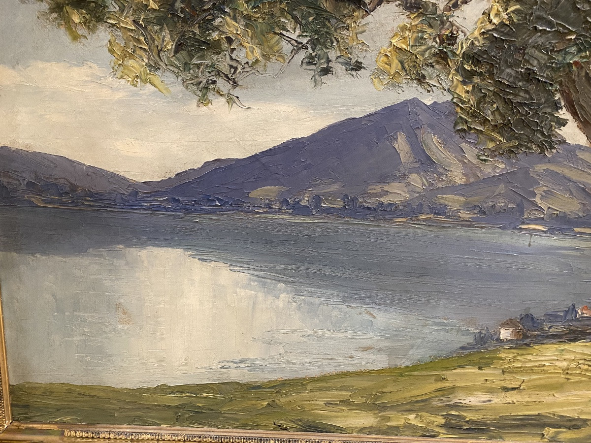 Lake Annecy, St Jorioz, Oil On Panel By E. Veron-photo-2