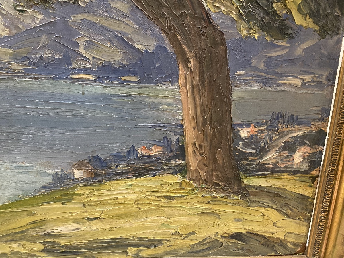 Lake Annecy, St Jorioz, Oil On Panel By E. Veron-photo-3