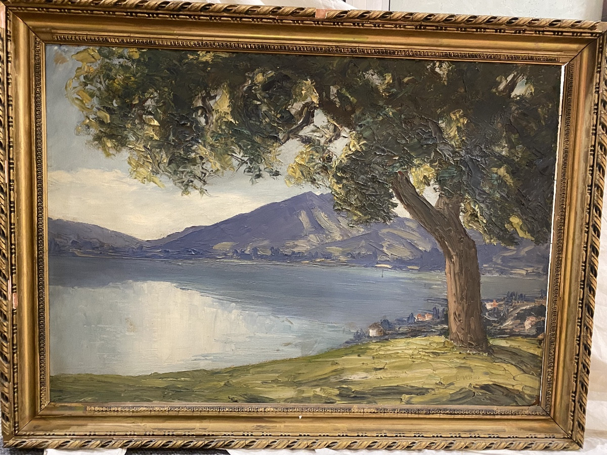 Lake Annecy, St Jorioz, Oil On Panel By E. Veron