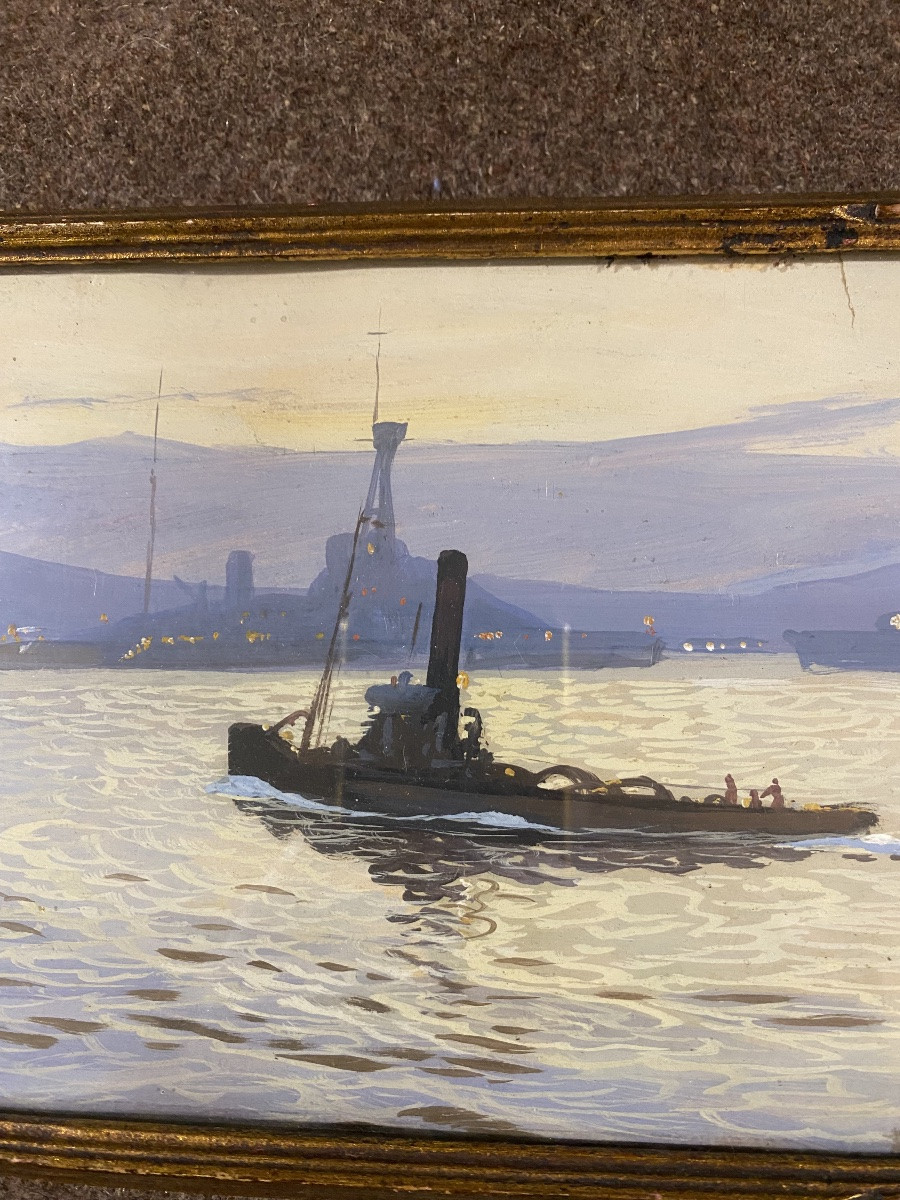 Scene Of Warships , Gouache , French Navy-photo-2