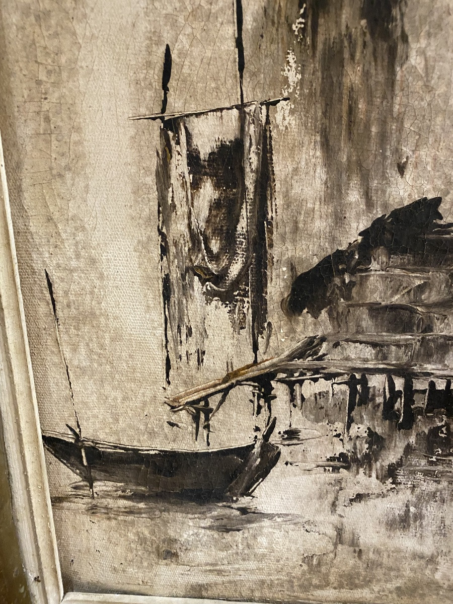 Hst , scène de port par Kihoa , école vietnamienne du XX siècle -photo-3