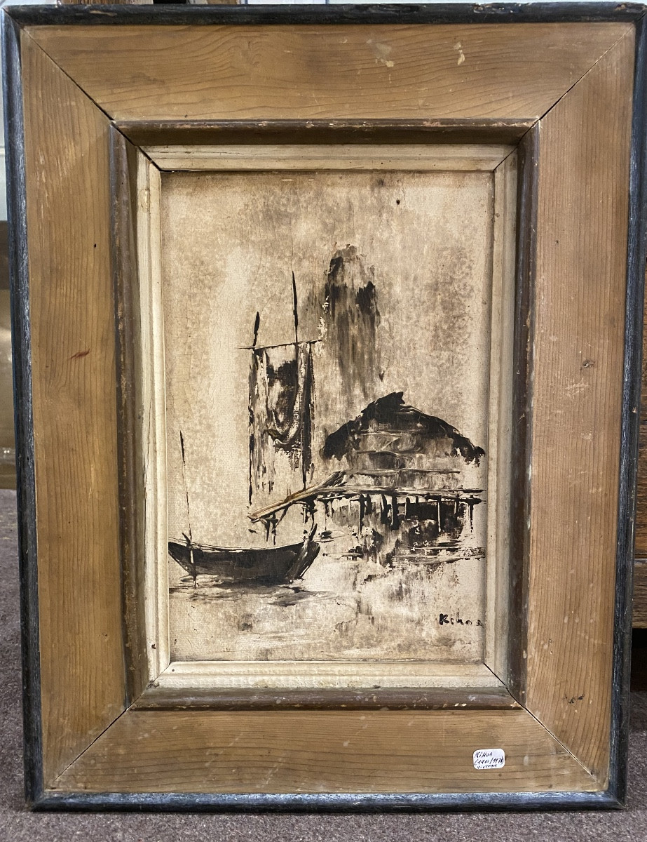 Hst , scène de port par Kihoa , école vietnamienne du XX siècle 