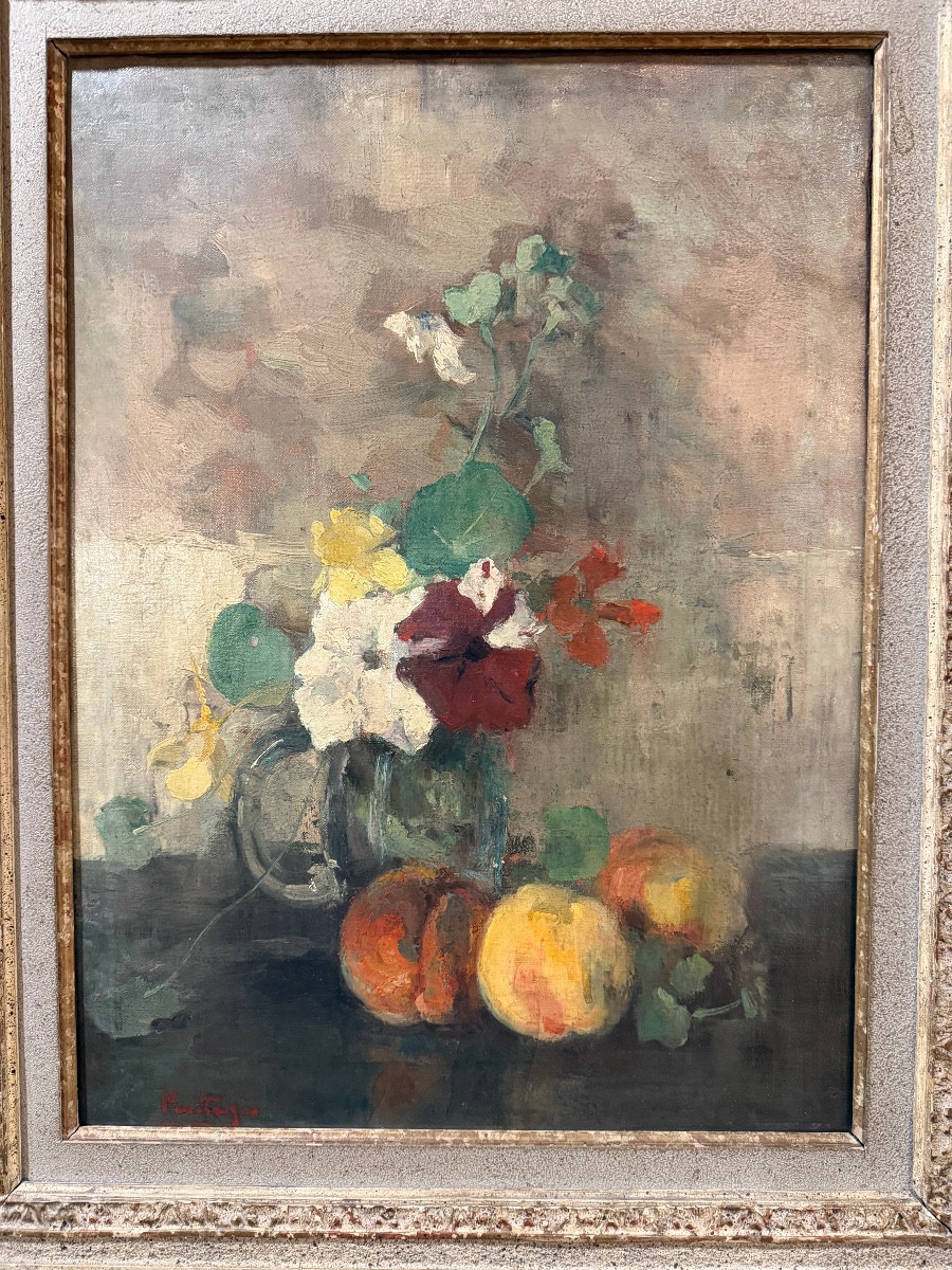 Pêches et capucines par P .Pantazis , école belge impressionniste -photo-4