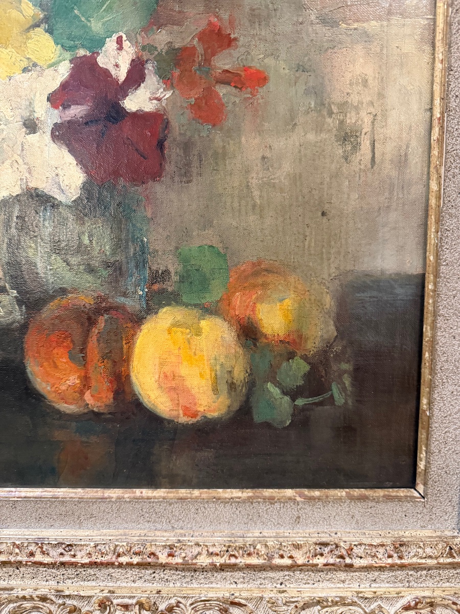 Pêches et capucines par P .Pantazis , école belge impressionniste -photo-1