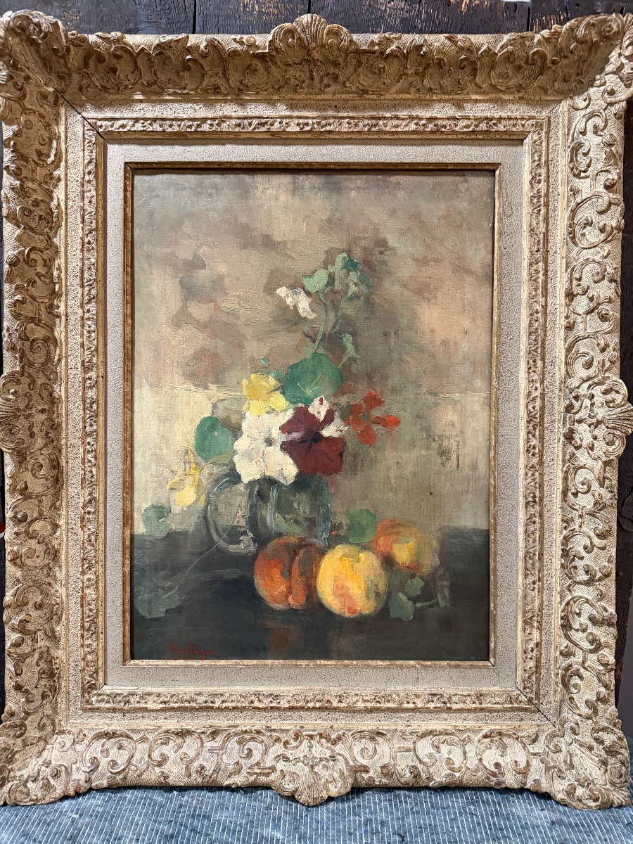 Pêches et capucines par P .Pantazis , école belge impressionniste 
