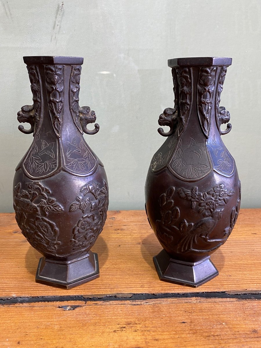 Pair Of Bronze Vases Meiji Period Japan