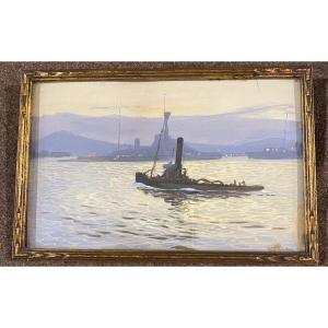 Scene Of Warships , Gouache , French Navy