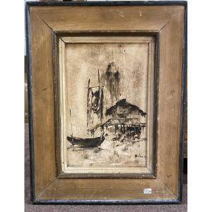 Hst , scène de port par Kihoa , école vietnamienne du XX siècle 
