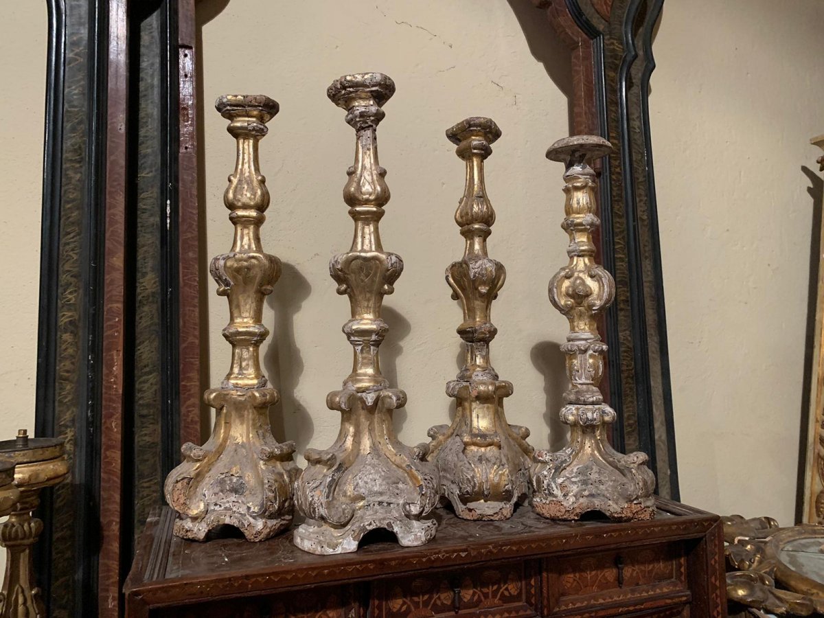 Four Wooden Candlesticks From The Eighteenth Century.