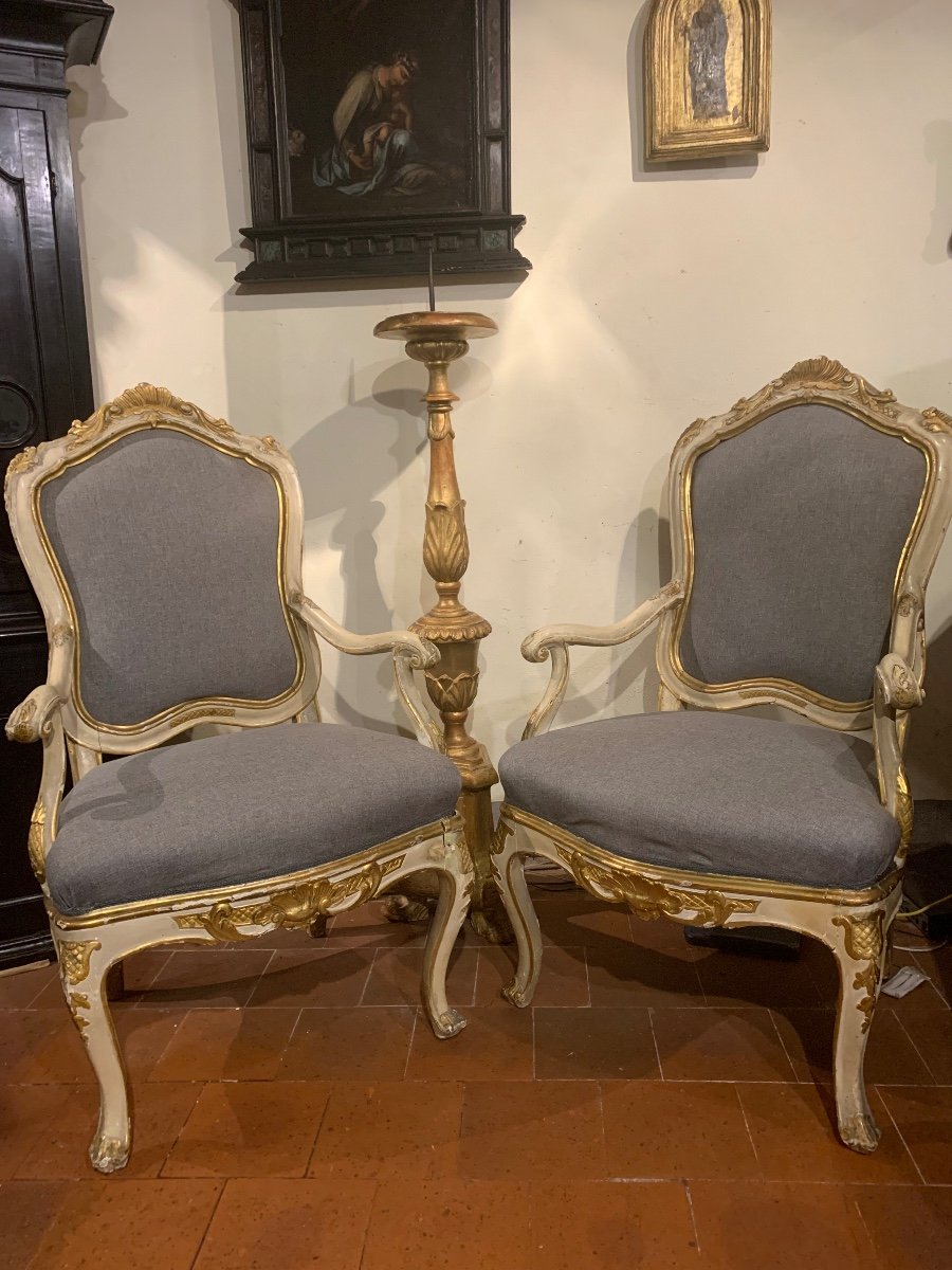 A Pair Of Venetian Giltwood Armchairs, Mid 18th Century