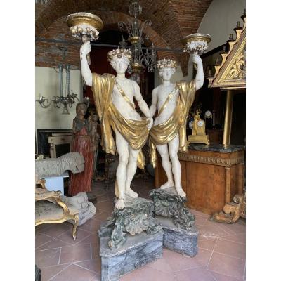 Two Sculptures In Lacquered And Gilded Wood. Toscana. Italy. Early 18 Century