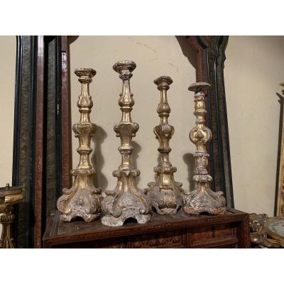 Four Wooden Candlesticks From The Eighteenth Century.