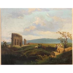 Landscape At La Ciociaria' Oil On Canvas, Italy, Mid-19th Century