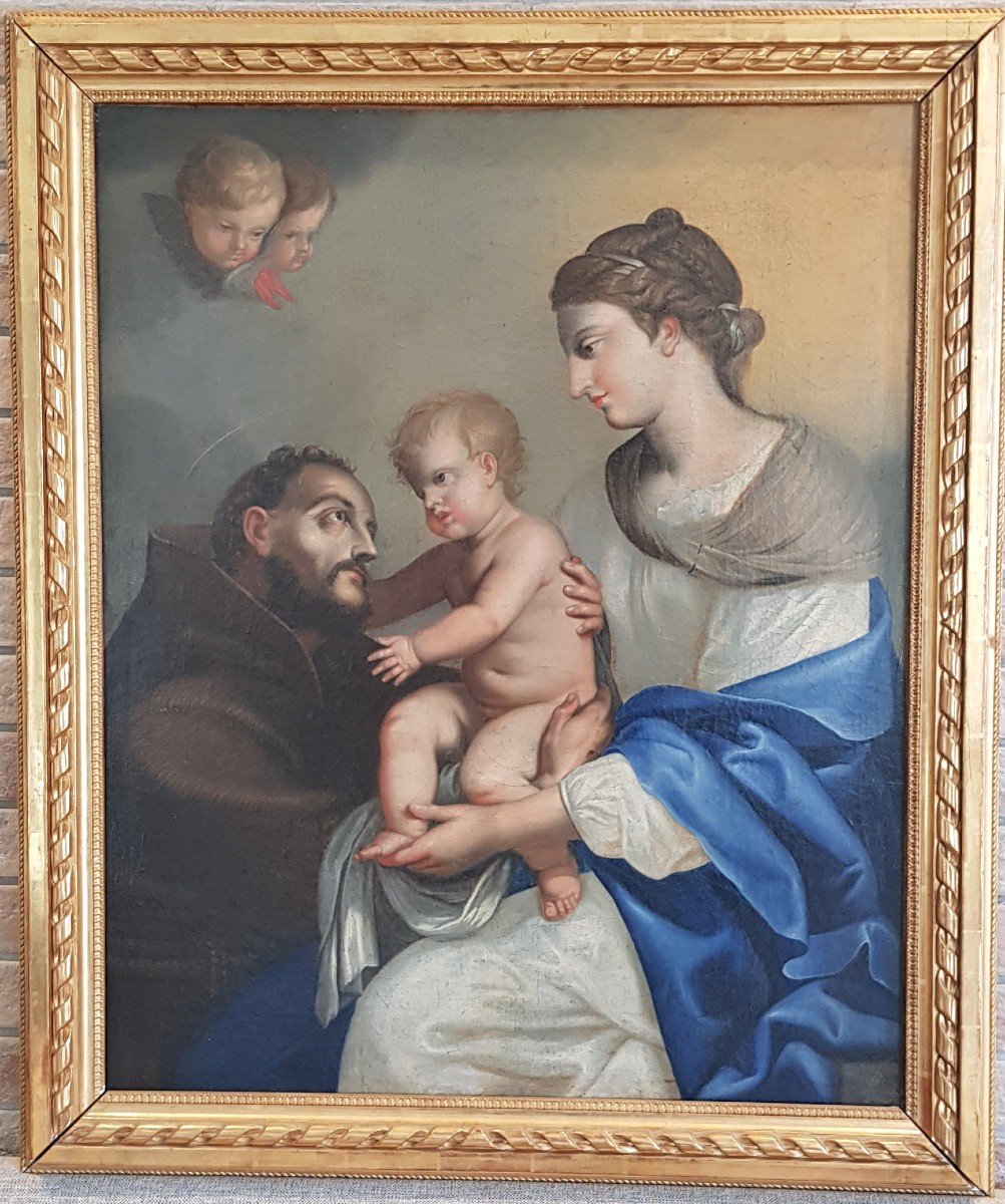 Virgin And Child And Saint Francis, Oil On Canvas, 18th Century-photo-3
