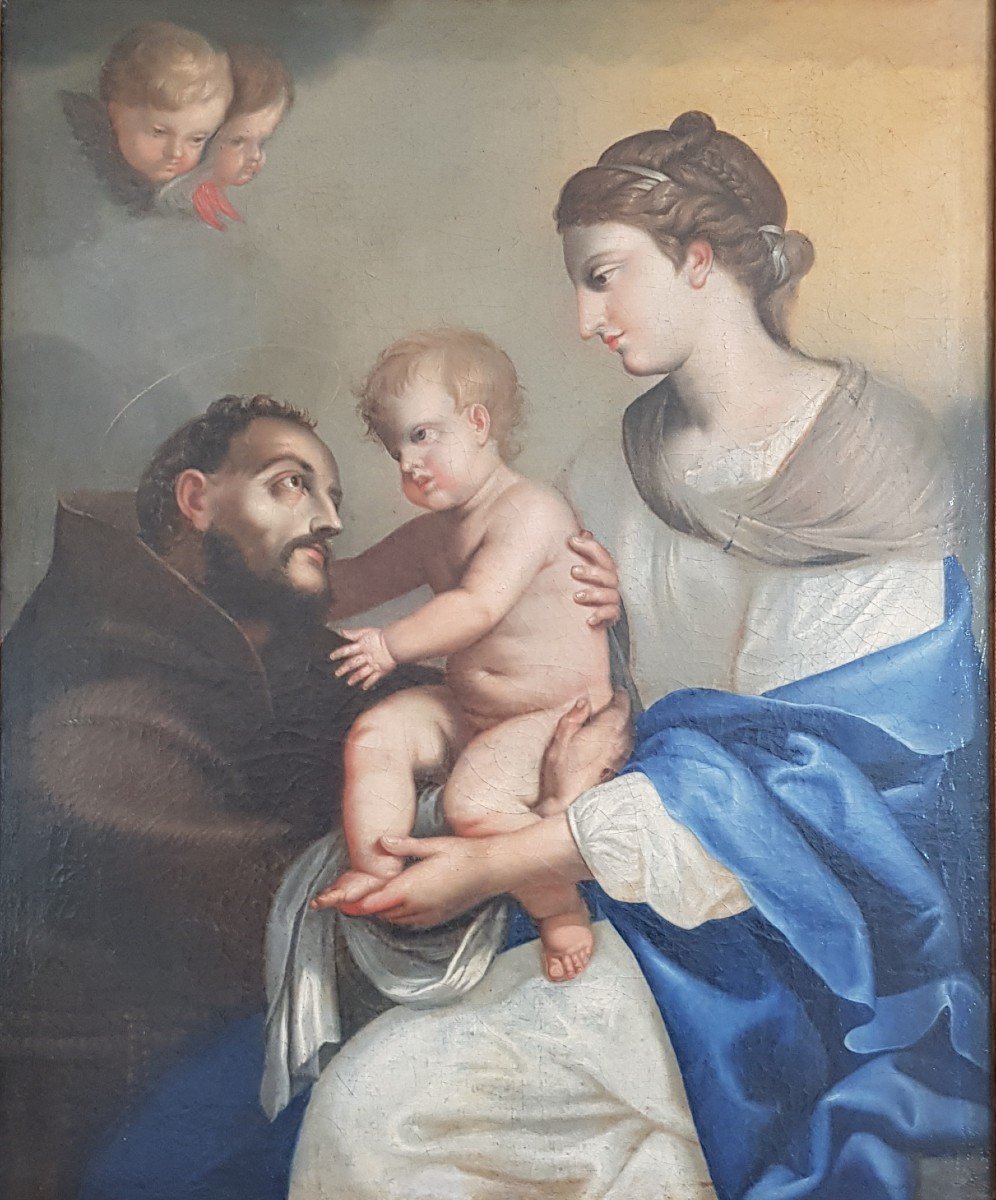 Virgin And Child And Saint Francis, Oil On Canvas, 18th Century-photo-4