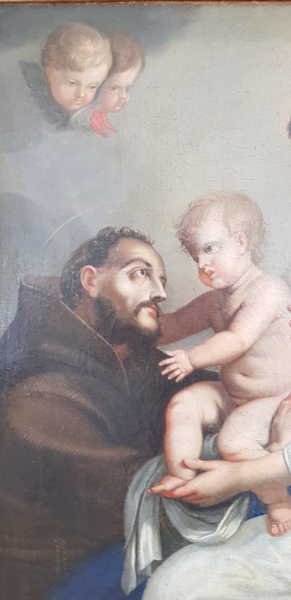 Virgin And Child And Saint Francis, Oil On Canvas, 18th Century-photo-2