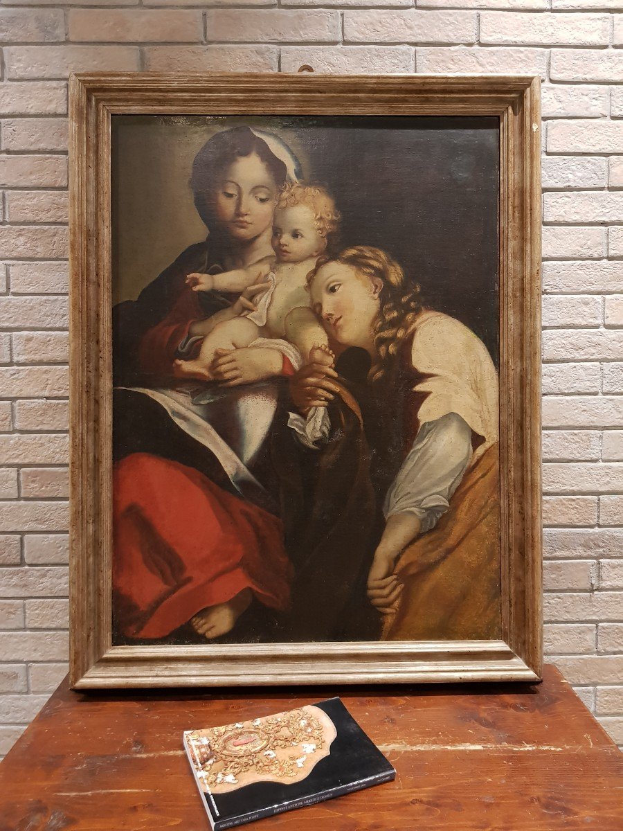 Virgin And Child And Female Figure, Oil On Canvas, Eighteenth Century