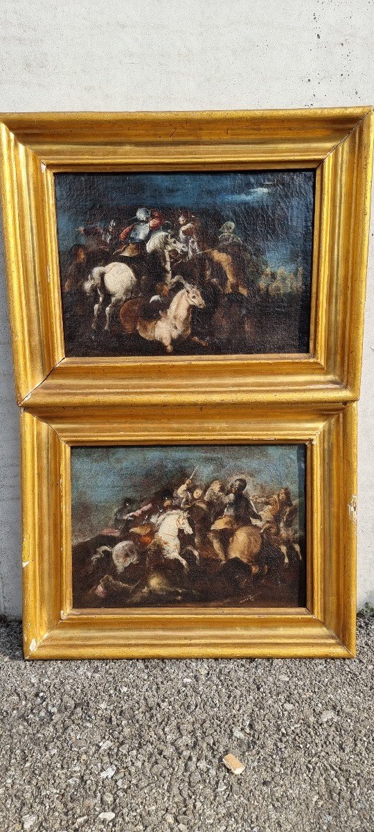 Pair Of Battles, Oil On Canvas, 18th Century