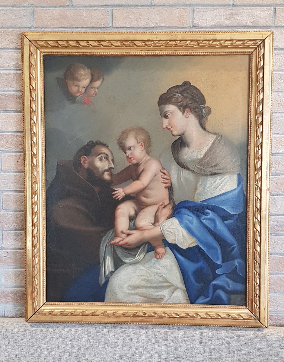 Virgin And Child And Saint Francis, Oil On Canvas, 18th Century-photo-3