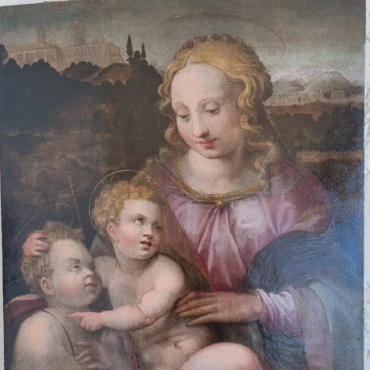 Virgin And Child And Saint John, Oil On Panel, 16th Century-photo-2
