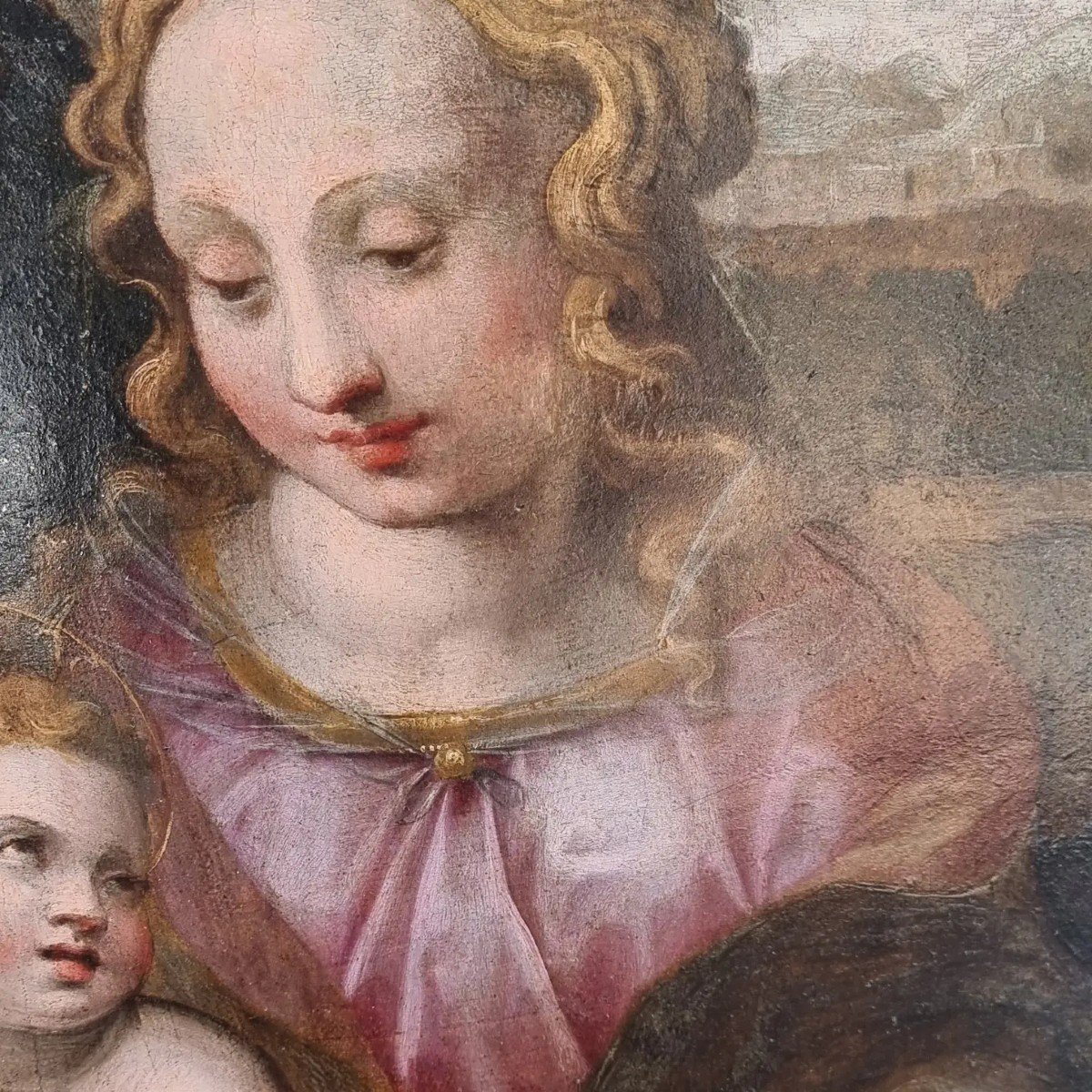 Virgin And Child And Saint John, Oil On Panel, 16th Century-photo-3