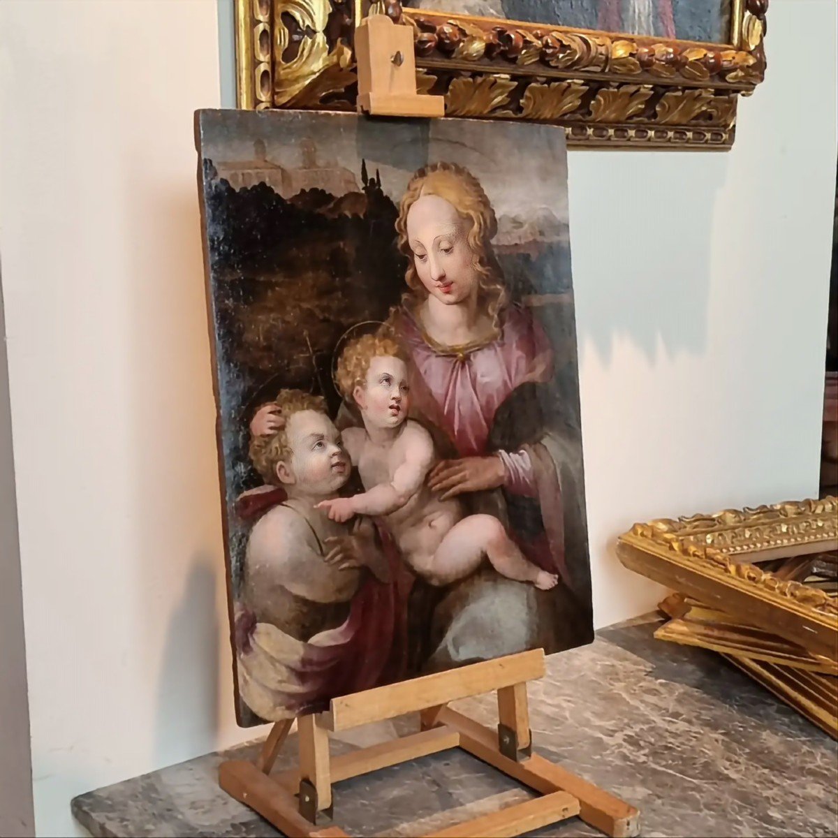 Virgin And Child And Saint John, Oil On Panel, 16th Century-photo-4