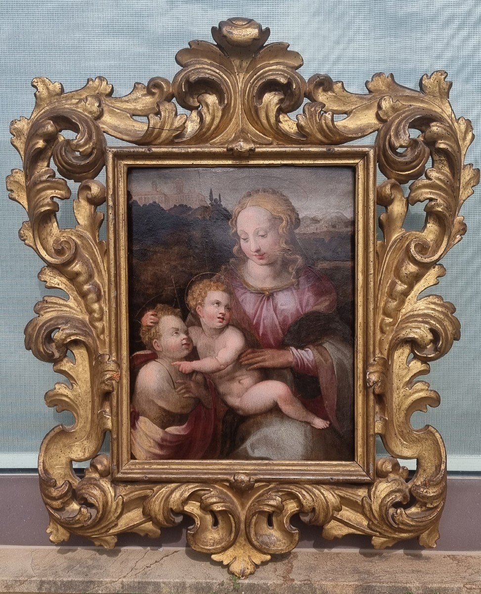Virgin And Child And Saint John, Oil On Panel, 16th Century