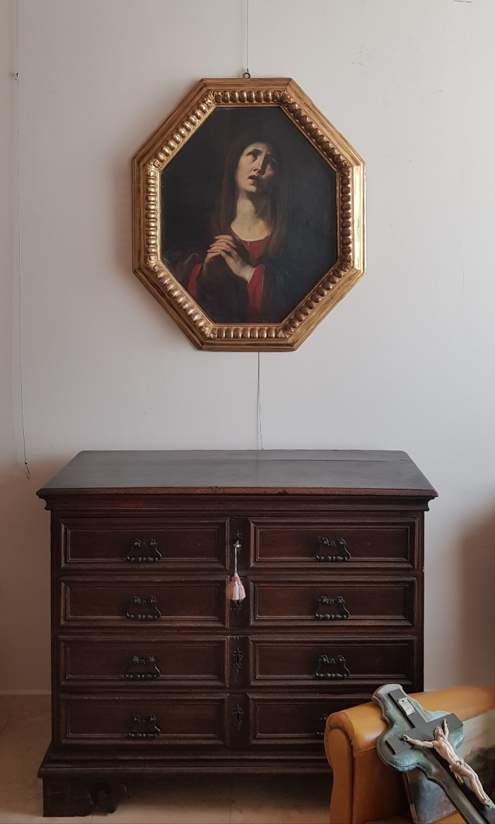 Madone Sur Toile Octogonale, Huile Sur Toile, Période '600, Andrea Vaccaro