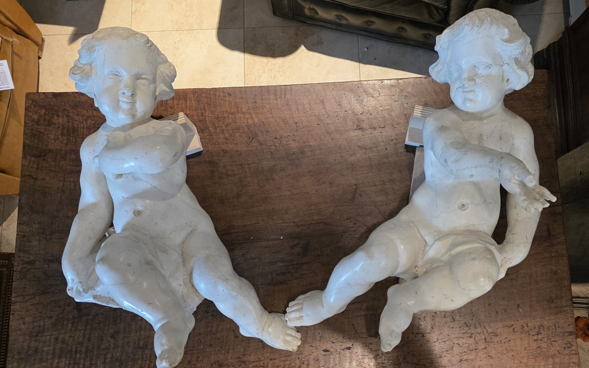 Paire d'anges en marbre de Carrare, époque baroque-photo-2