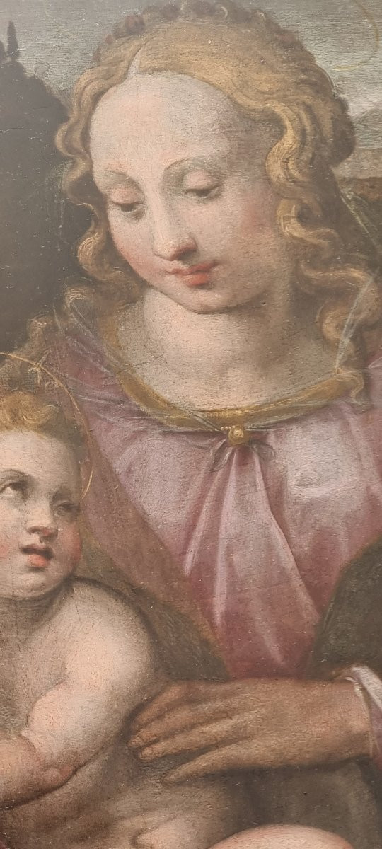 Madonna And Child With The Infant Saint John, Oil On Panel, 16th Century-photo-2