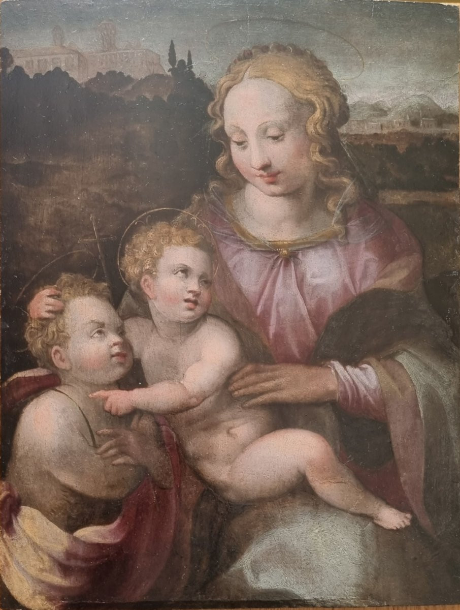 Madonna And Child With The Infant Saint John, Oil On Panel, 16th Century-photo-3