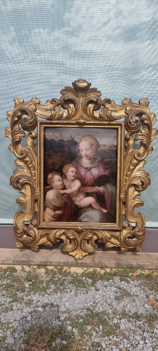 Madonna And Child With The Infant Saint John, Oil On Panel, 16th Century-photo-4