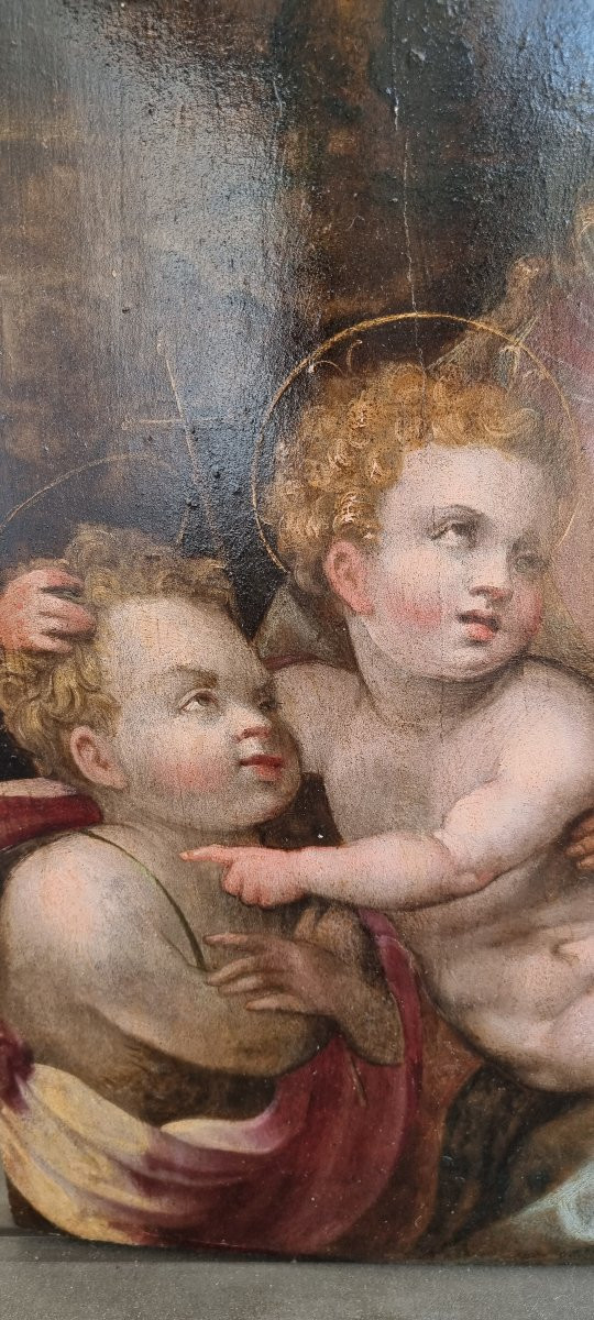 Madonna And Child With The Infant Saint John, Oil On Panel, 16th Century-photo-2