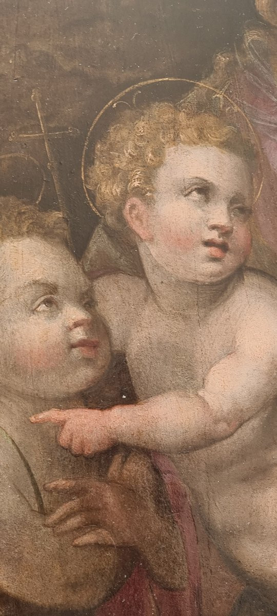 Madonna And Child With The Infant Saint John, Oil On Panel, 16th Century-photo-3