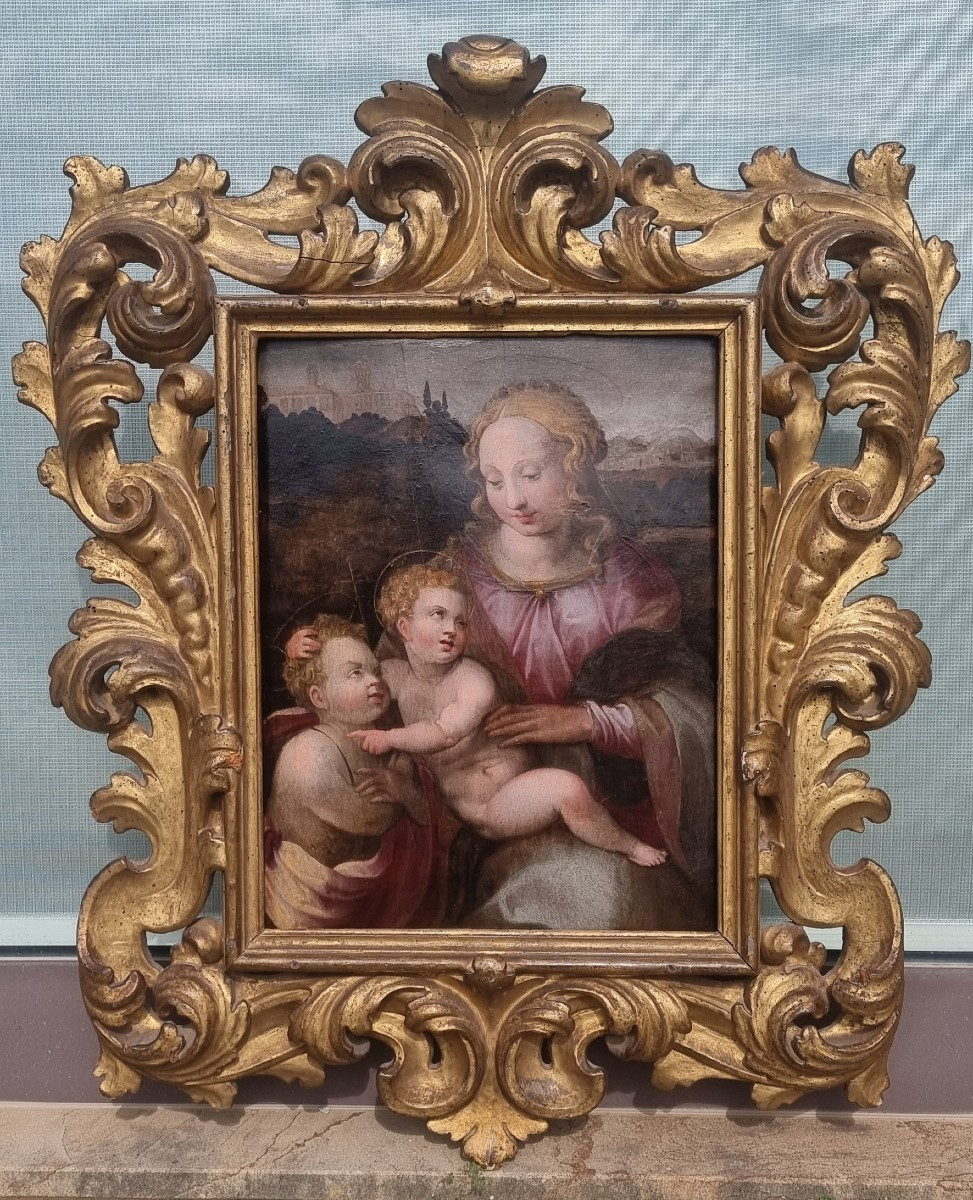 Madonna And Child With The Infant Saint John, Oil On Panel, 16th Century