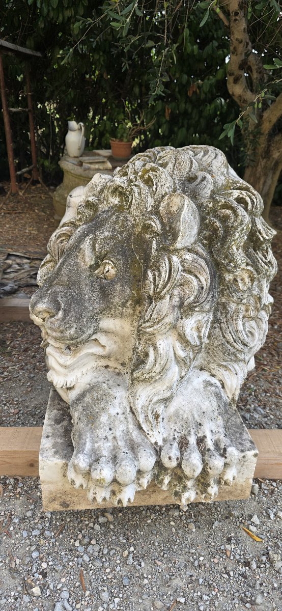 Majestic Monumental Pair Of Lions Carved From Carrara Marble
