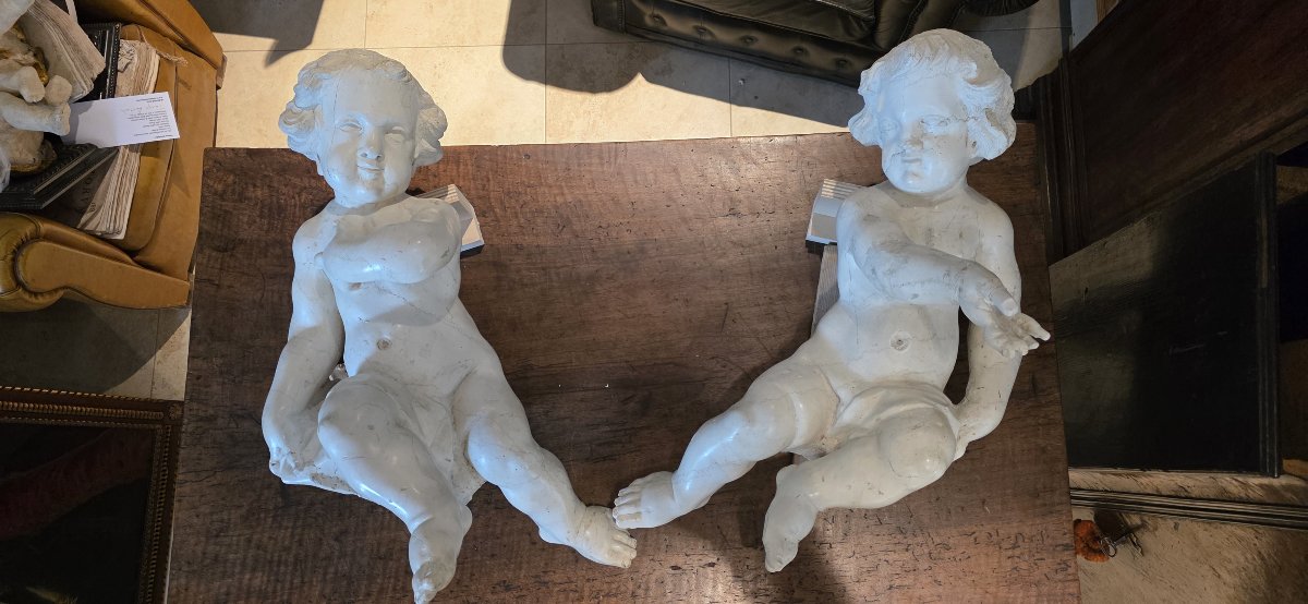  Pair Of Angels In Carrara Marble, Baroque Period  