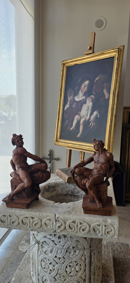 Paire de nus en terre cuite patinée - par Michelangelo - XXe siècle-photo-4