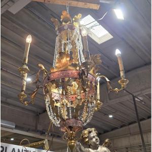 7-light Glass And Iron Chandelier