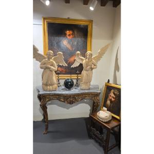 Pair Of Angels In Lacquered And Gilded Wood 