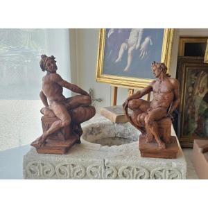Pair Of Patinated Terracotta Nudes—after Michelangelo—20th Century