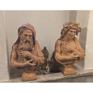 Pair Of 19th-century Terracotta Busts—allegories Of Winter And Autumn (bacchus)