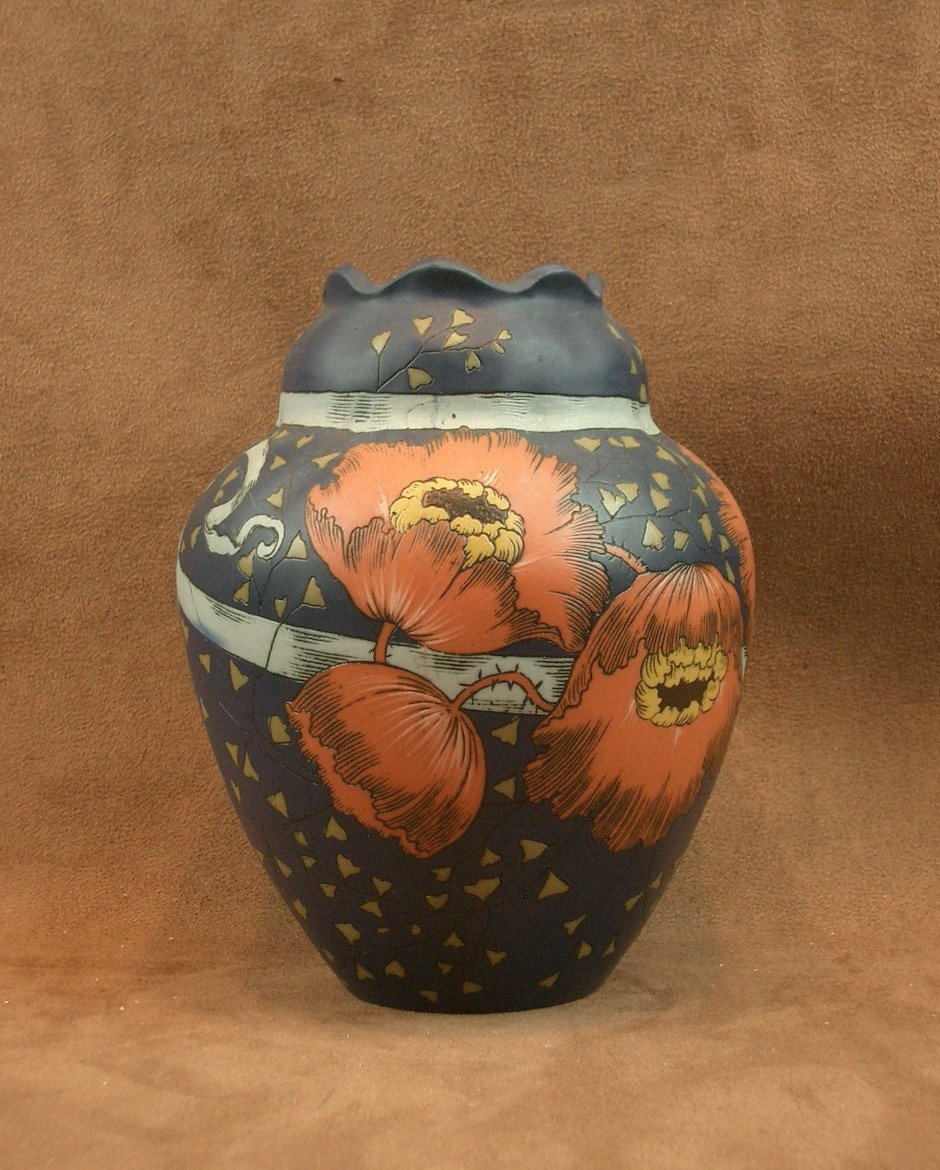 Villeroy & Boch Mettlach Stoneware Art Nouveau Vase With Poppy Decor-photo-2