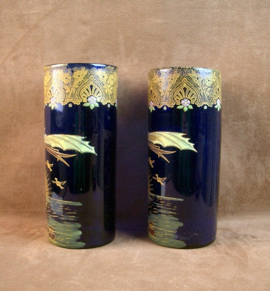 Legras, Pair Of Enameled Glass Vases Commemorating Aviatrix Harriet Quimby -photo-1