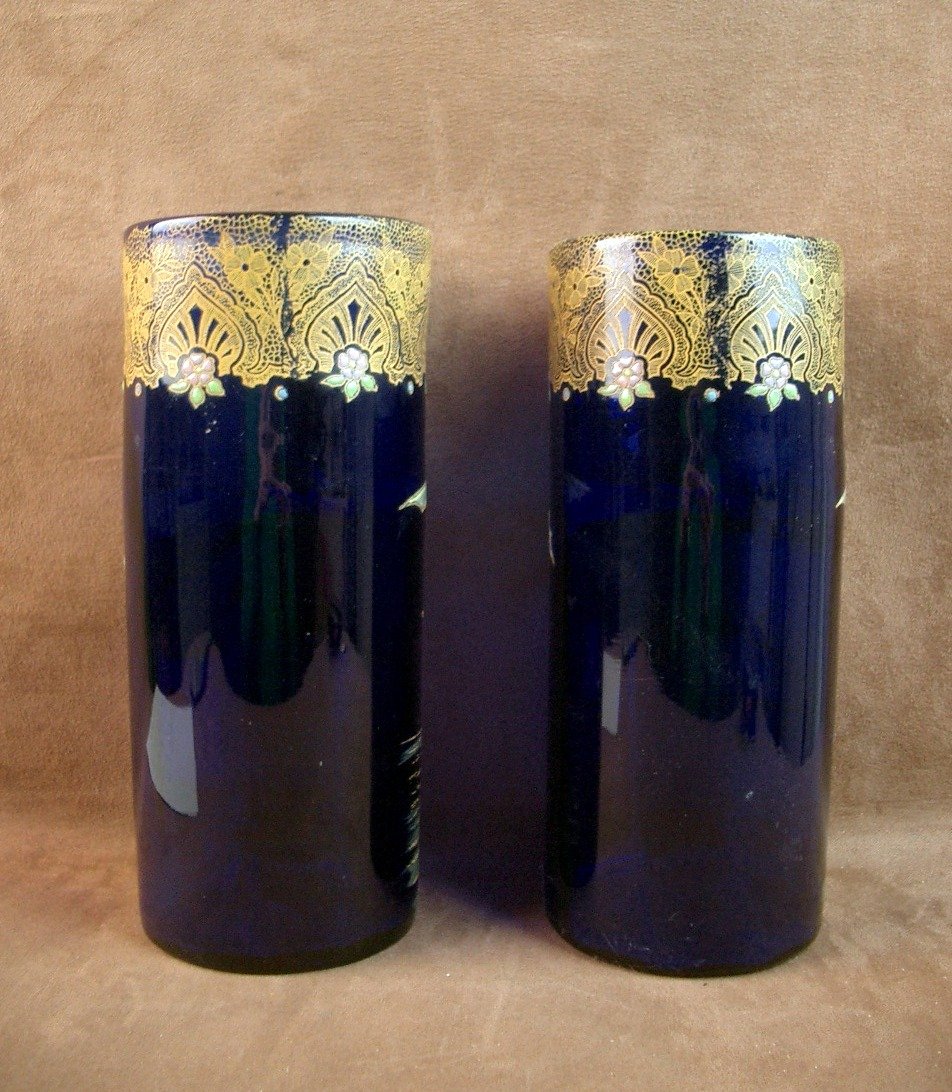 Legras, Pair Of Enameled Glass Vases Commemorating Aviatrix Harriet Quimby -photo-3