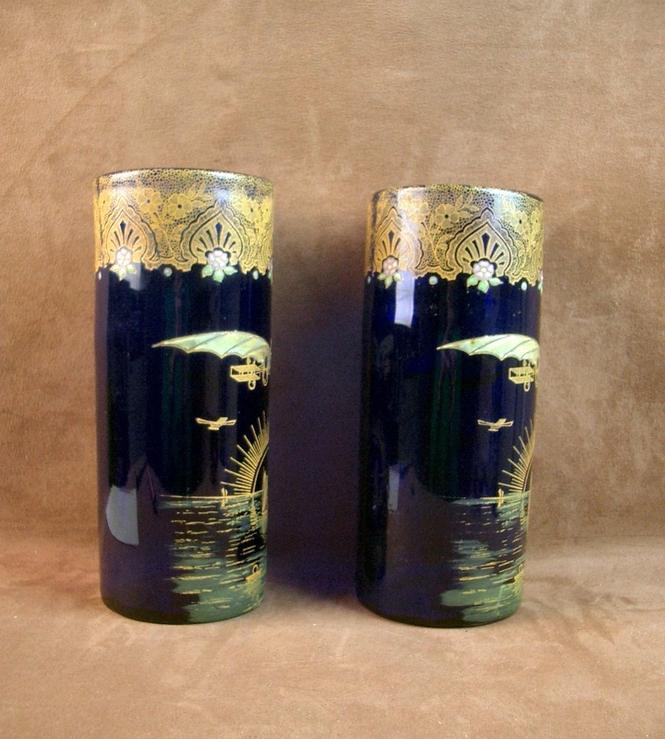 Legras, Pair Of Enameled Glass Vases Commemorating Aviatrix Harriet Quimby -photo-5