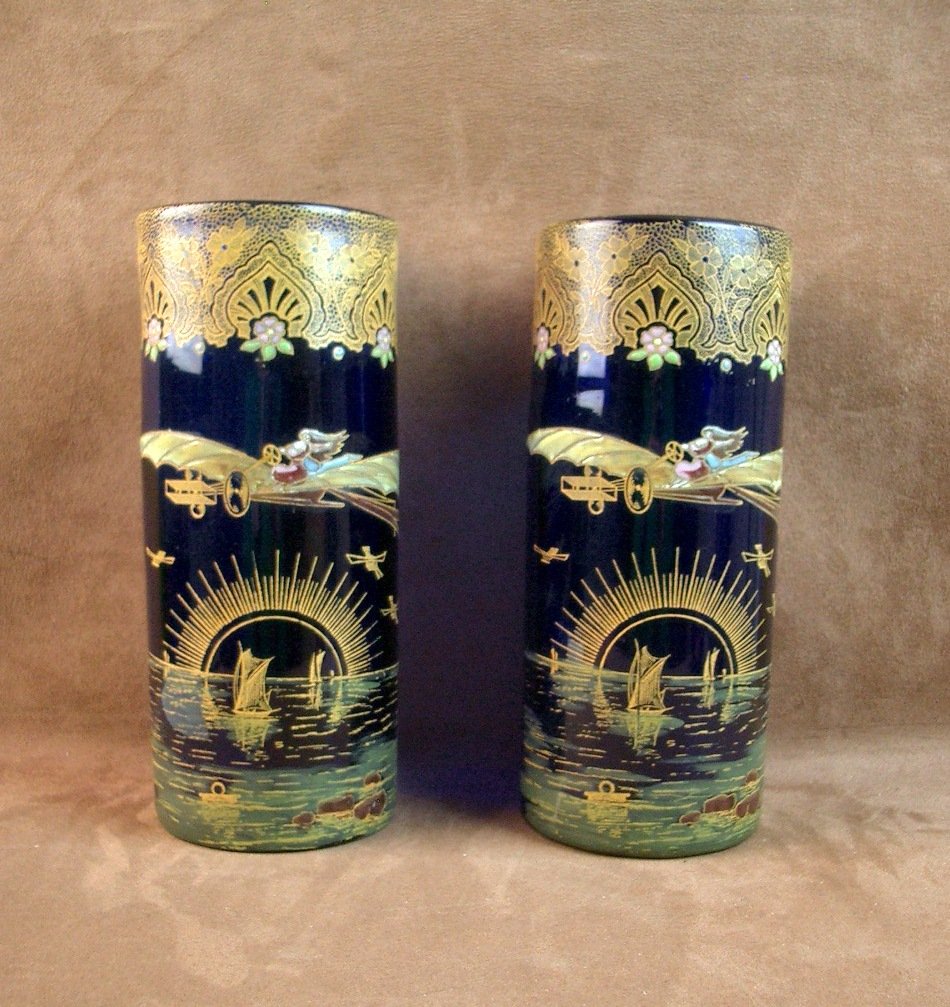 Legras, Pair Of Enameled Glass Vases Commemorating Aviatrix Harriet Quimby -photo-6