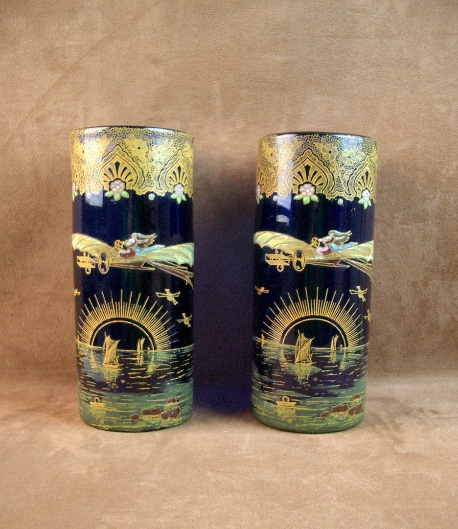Legras, Pair Of Enameled Glass Vases Commemorating Aviatrix Harriet Quimby 