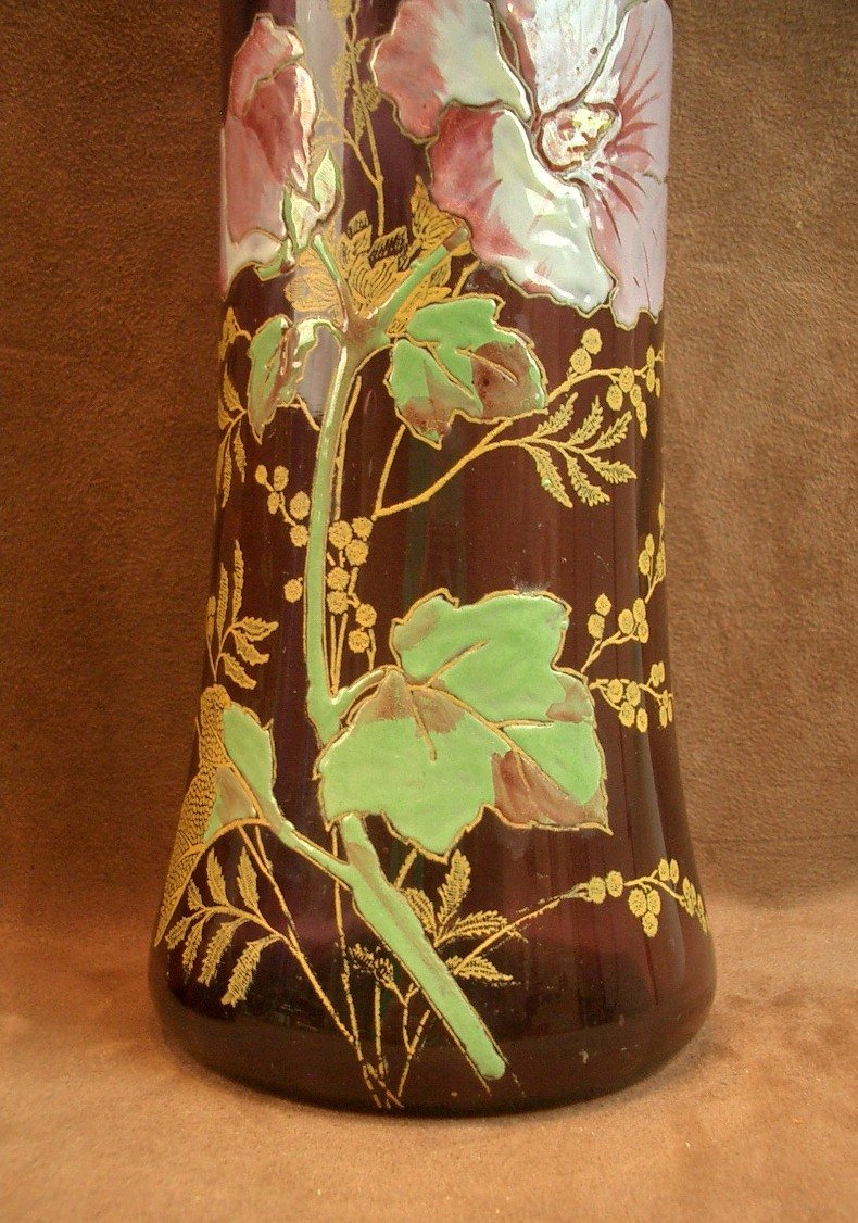 Pair Of Art Nouveau Enameled Glass Vases With Floral Decoration Legras-photo-5