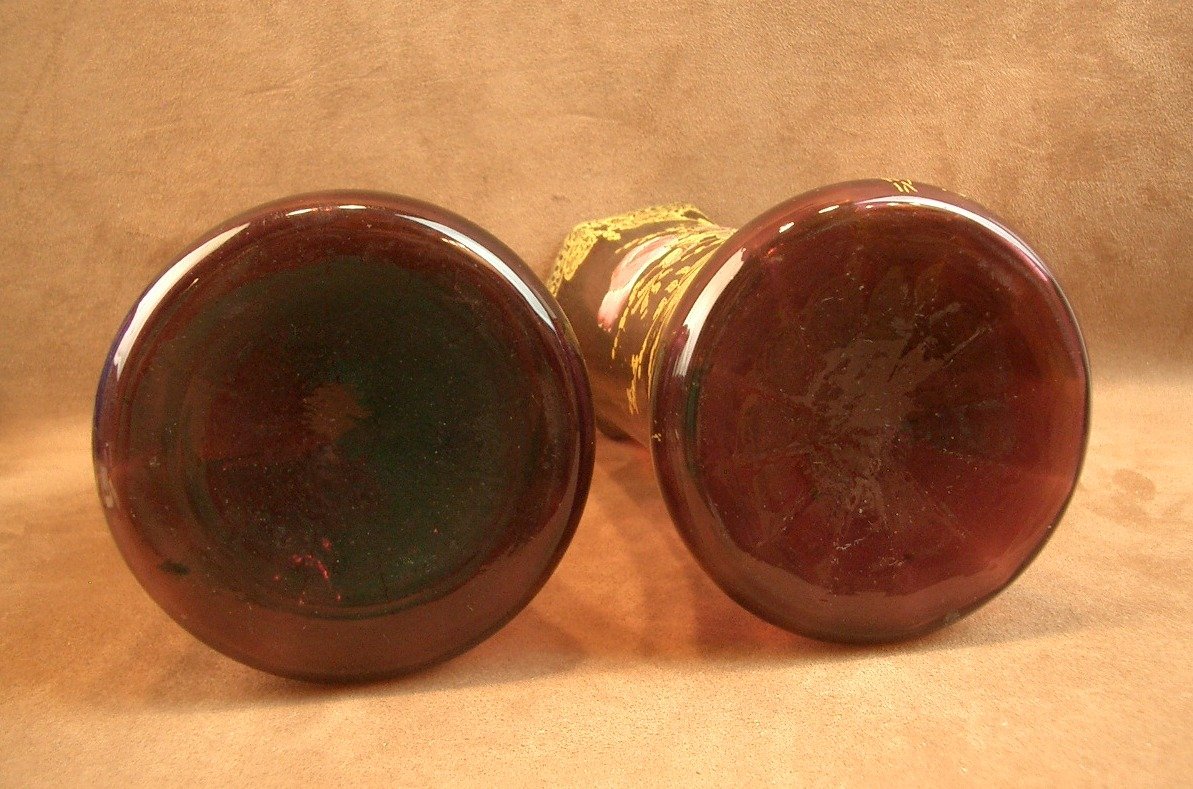 Pair Of Art Nouveau Enameled Glass Vases With Floral Decoration Legras-photo-8